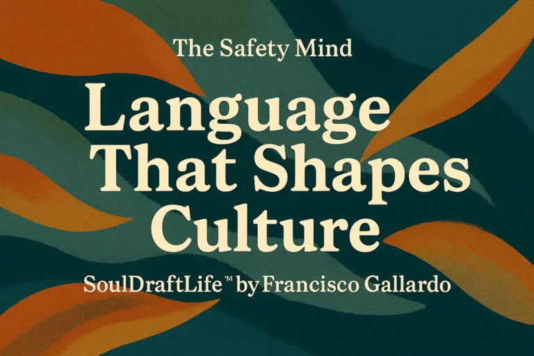 Abstract background with flowing shapes in teal, orange, and navy; centered text reads “The Safety Mind – Language That Shapes Culture – SoulDraftLife™ by Francisco Gallardo.”