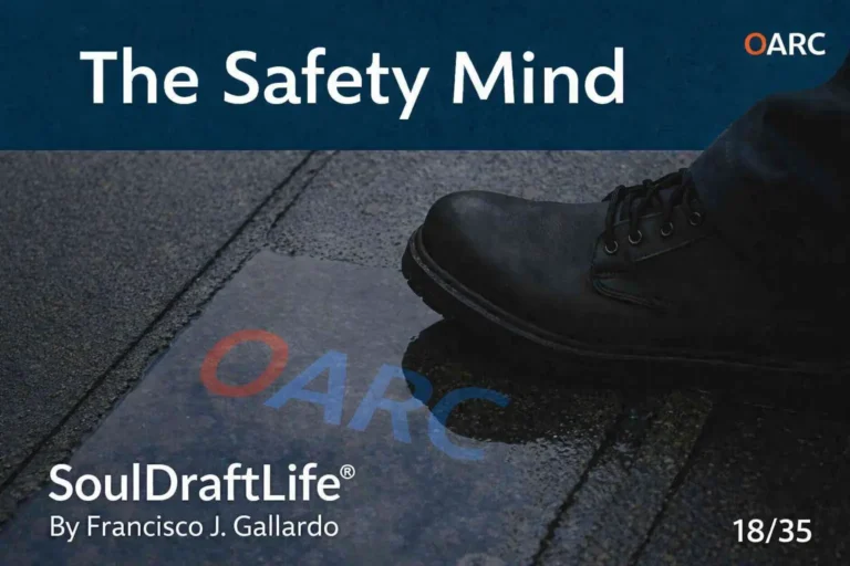 A black safety boot steps into a sidewalk puddle reflecting the acronym OARC in red and blue, symbolizing The Safety Mind by Francisco J. Gallardo, SoulDraftLife®