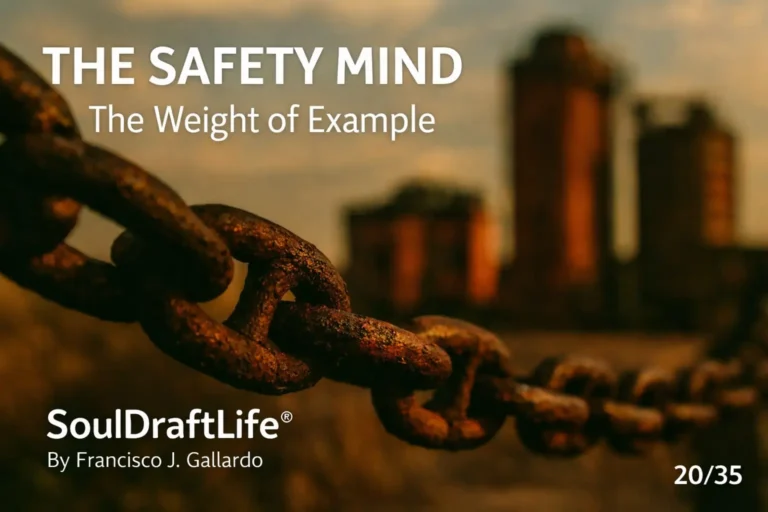 Heavy rusted industrial chain links in sharp focus, stretching diagonally across an industrial facility at sunset, conveying weight, connection, and quiet responsibility, by Francisco J. Gallardo