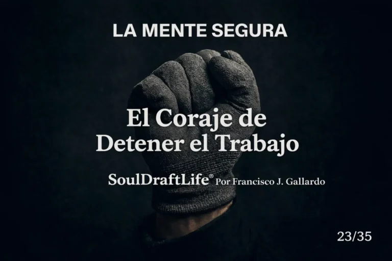 Imagen de un puño sobre un fondo oscuro, que simboliza la decisión consciente de detener el trabajo por motivos de seguridad. La Mente Segura, SoulDraftLife® por Francisco J. Gallardo”.