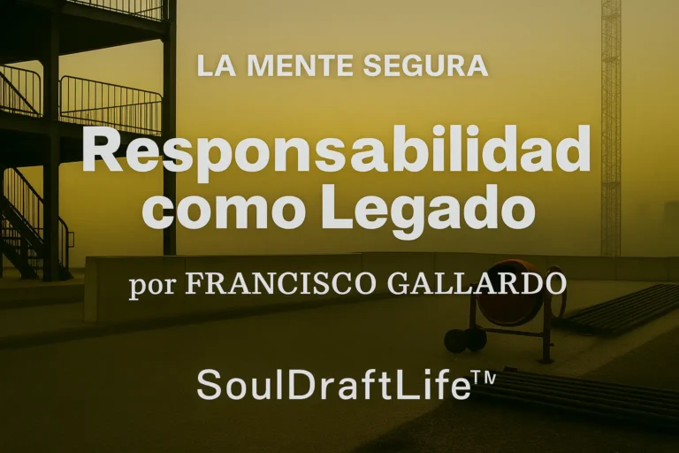 Sitio de construcción industrial al amanecer con estructura de acero, mezcladora de concreto y varillas bajo luz cálida; el texto superpuesto dice “LA MENTE SEGURA — Responsabilidad como Legado por Francisco Gallardo”.