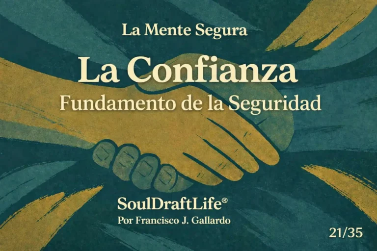Imagen artística de dos manos entrelazadas sobre un fondo abstracto en tonos de verde profundo y ocre, con el título “La Confianza, Fundamento de la Seguridad”, de Francisco J. Gallardo.