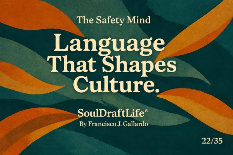 Abstract background with flowing shapes in teal, orange, and navy; centered text reads, symbolizing language on the philosophical view of safety psychology of Francisco J. Gallardo. The Safety Mind.