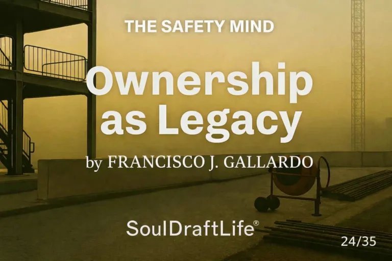 Industrial construction site at dawn with steel structure, concrete mixer, and rebar under warm light; overlaid text reads “THE SAFETY MIND, Ownership as Legacy by Francisco J. Gallardo, SoulDraftLife®