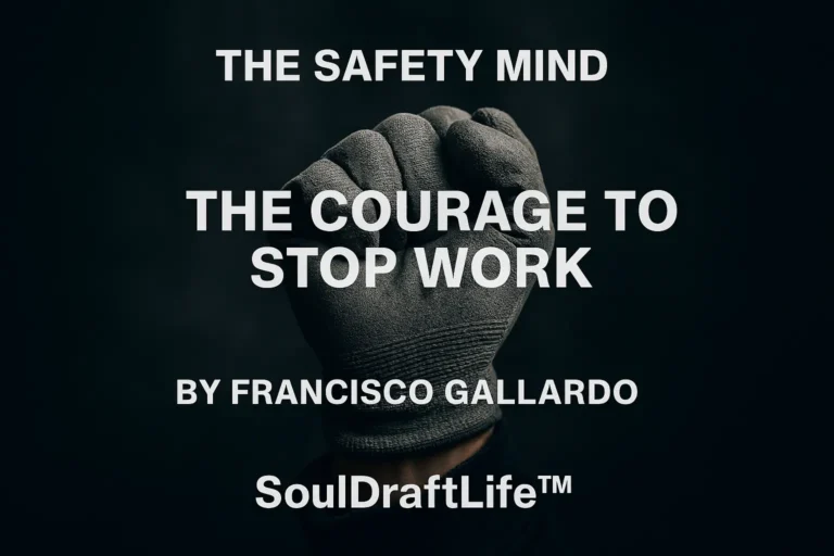 A gloved hand held in a closed fist against a dark background, symbolizing the deliberate decision to stop work for safety.