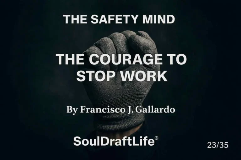 A gloved hand, clenched in a fist against a dark background, symbolizes a deliberate decision to stop work for safety. SoulDraftLife® By Francisco J. Gallardo.