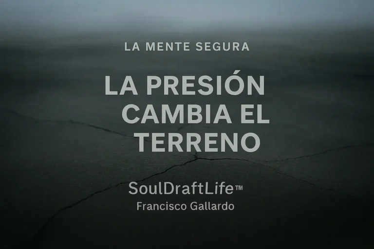 Terreno agrietado bajo una neblina suave, simbolizando cómo la presión altera el paisaje de la seguridad.