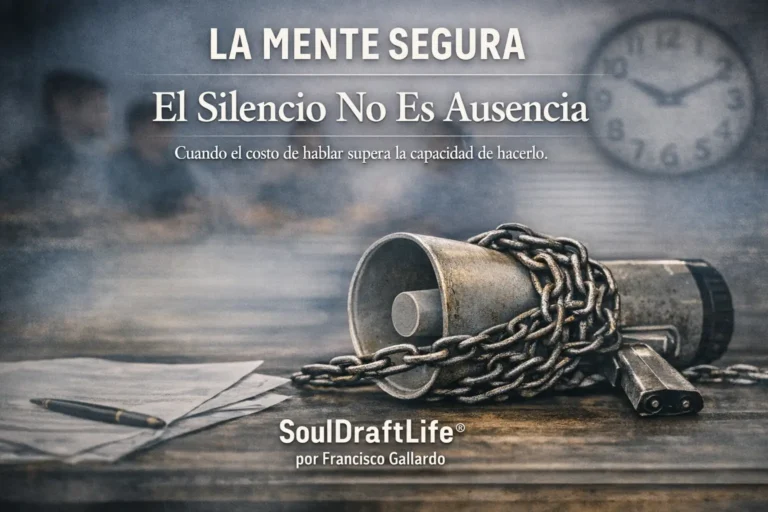 El silencio no es ausencia. Megáfono encadenado sobre escritorio con figuras desenfocadas y reloj al fondo, simbolizando conciencia comprimida y silencio en el entorno laboral. La Mente Segura por Francisco Gallardo.