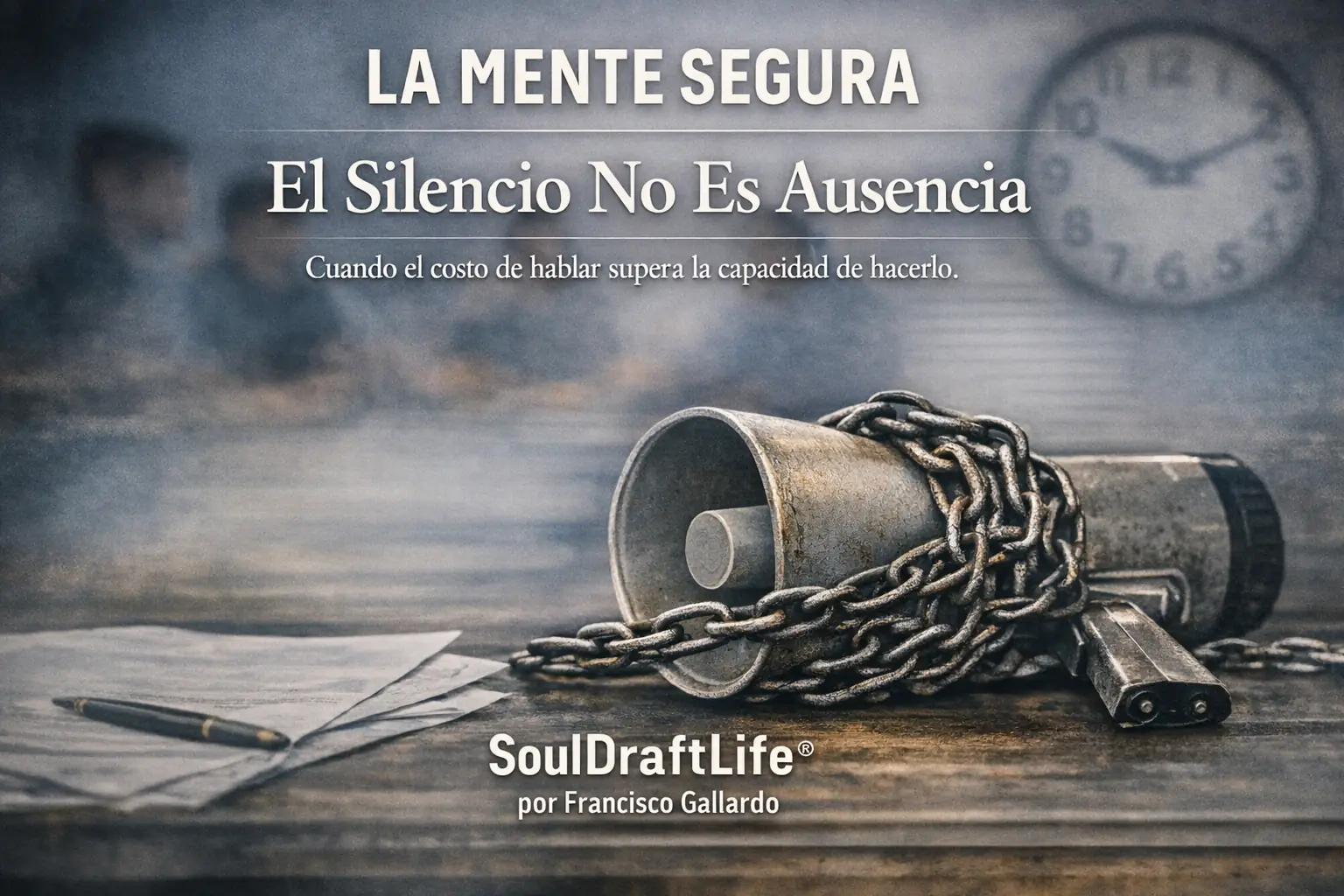 El silencio no es ausencia. Megáfono encadenado sobre escritorio con figuras desenfocadas y reloj al fondo, simbolizando conciencia comprimida y silencio en el entorno laboral. La Mente Segura por Francisco Gallardo.
