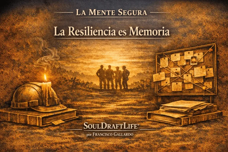 Imagen principal para La Mente Segura que muestra el título “La Resiliencia es Memoria” centrado sobre las siluetas de personas reunidas, con un casco de seguridad desgastado y una vela encendida sobre un libro a la izquierda, y un tablero de notas compartidas a la derecha, simbolizando la memoria colectiva y la vigilancia compartida.