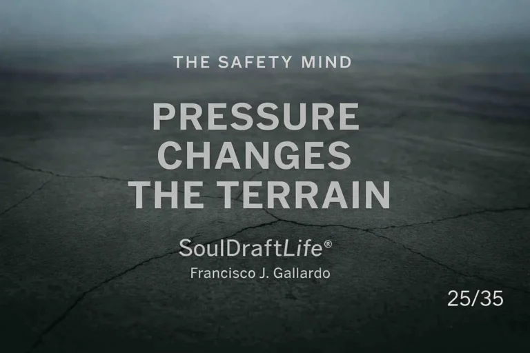 Cracked terrain under soft haze, symbolizing pressure altering the safety landscape. SoulDraftLife®