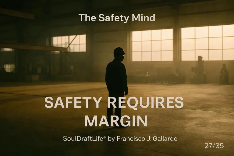 A lone worker stands in a wide, open industrial space, bathed in warm natural light, emphasizing distance, calm, and available space. SoulDraftLife® by Francisco J. Gallardo