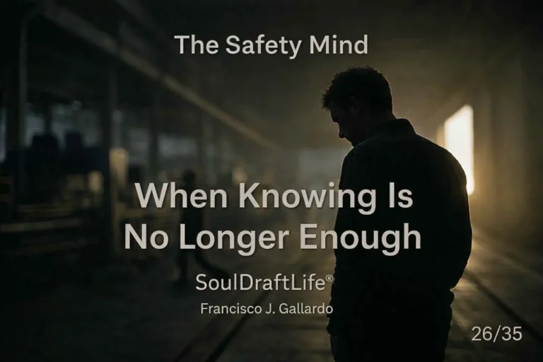 When Knowing Is No Longer Enough: Silhouetted worker stands paused in a dim industrial space, backlit by warm sunlight, surrounded by blurred motion. SoulDraftLife®