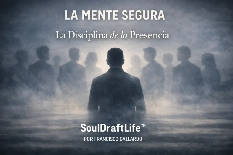 Persona de pie frente a un grupo de figuras humanas difusas envueltas en niebla, simbolizando la presencia, la conciencia y la continuidad del aprendizaje en el trabajo.
