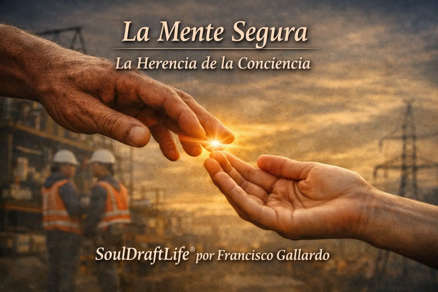 Dos manos de distintas generaciones casi se tocan con una luz cálida entre ellas, simbolizando la transmisión de la conciencia de seguridad a través del tiempo bajo el título La Mente Segura .  La Herencia de la Conciencia.