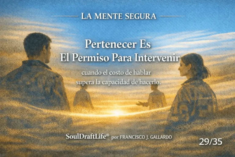 Dos figuras en silueta se enfrentan a través de un espacio suavemente iluminado, simbolizando el permiso relacional. Un haz cálido de luz las conecta, representando la conciencia que se mueve entre individuos. El título “Pertenecer es el permiso para intervenir” aparece al centro, con “La Mente Segura” arriba y “SoulDraftLife® por Francisco Gallardo” abajo.
