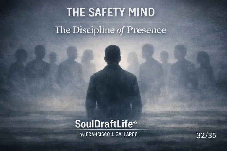 Silhouettes in mist with a central figure. Representing the many people who left the presence, a silhouette stands before ghostly silhouettes. The Safety Mind, SoulDraftLife® by Francisco J. Gallardo