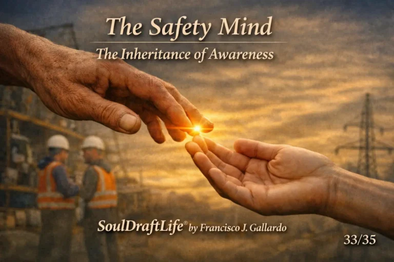 Two hands of different generations nearly touch a warm glow between them, symbolizing the transfer of safety awareness across time. The Safety Mind, SoulDraftLife® by Francisco J. Gallardo