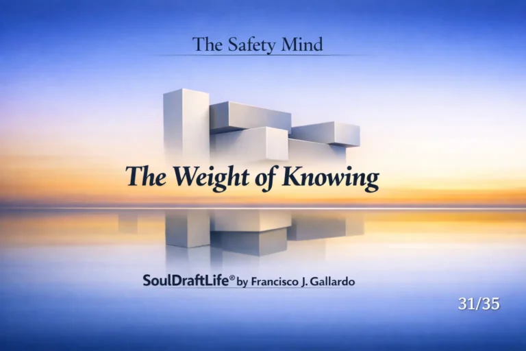 Digital Image of tridimensional blocks stacked on a matter of knowledge, placed on a background representing the mind, The Weight of Knowing. The Safety Mind, SoulDraftLife® by Francisco Gallardo.