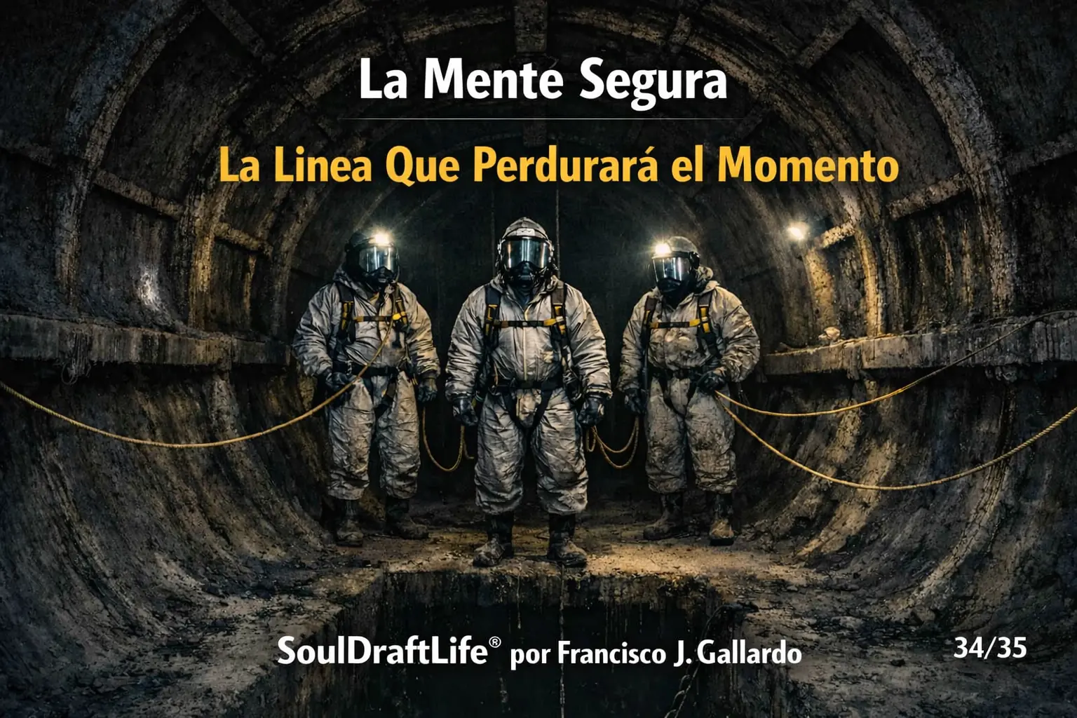 “Trabajador en un túnel confinado deteniéndose al borde de un desnivel, iluminado por luz tenue, simbolizando claridad y continuidad en la seguridad.