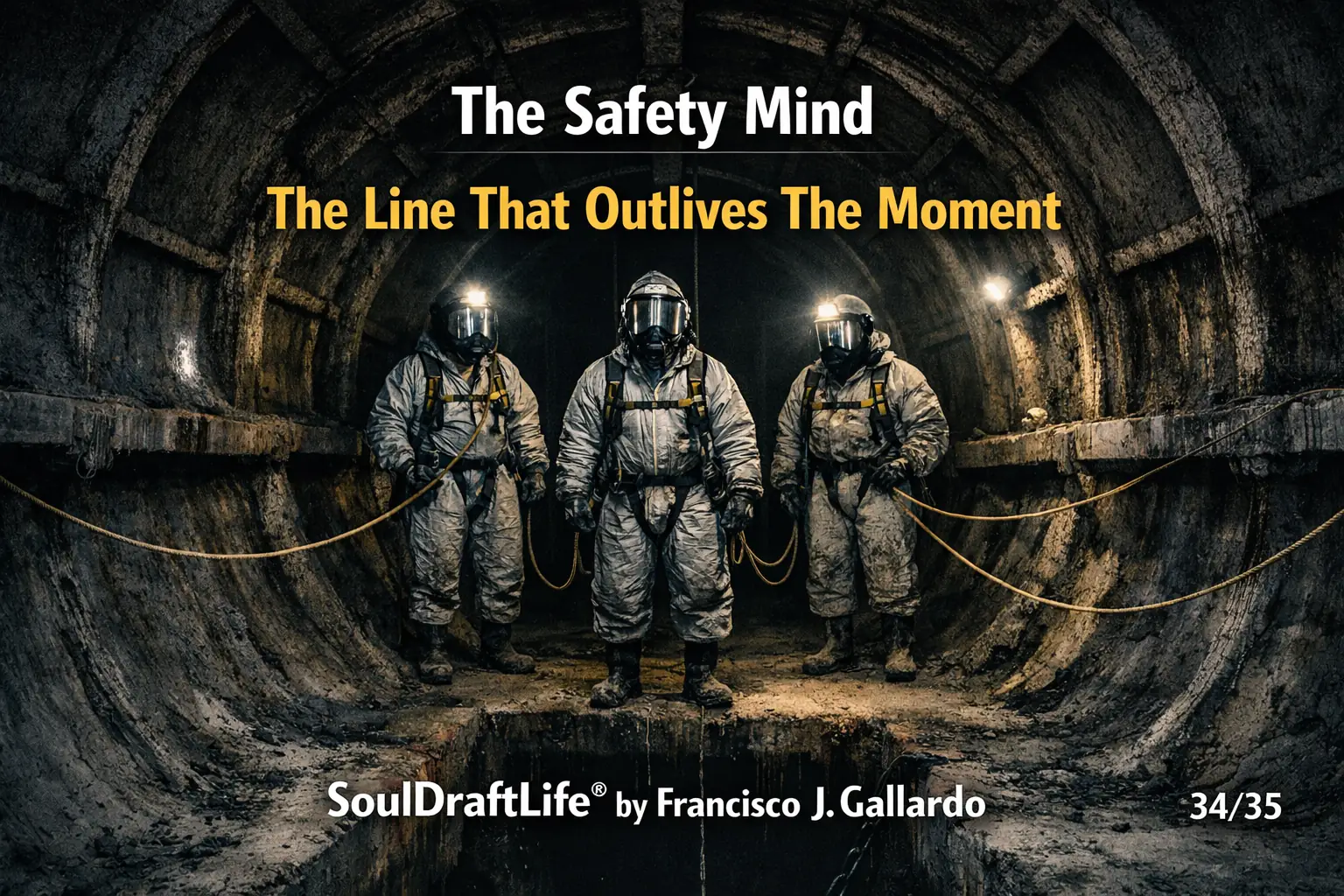 Three confined‑space workers in full protective gear stand inside a dark industrial tunnel, illuminated by headlamps, symbolizing awareness and continuity under The Safety Mind – The Line That Outlives The Moment by Francisco J. Gallardo.